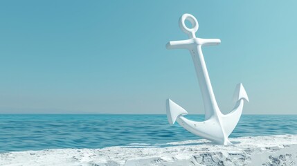 Close-up view of a white anchor resting on a weathered wooden deck, set against a clear blue ocean and sky, imparting a sense of calm and stability. - obrazy, fototapety, plakaty