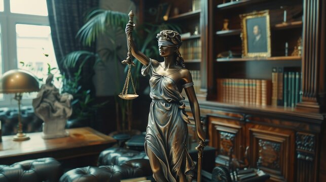 Retro vintage statue of Justice with scale in a lawyer office room. AI generated image