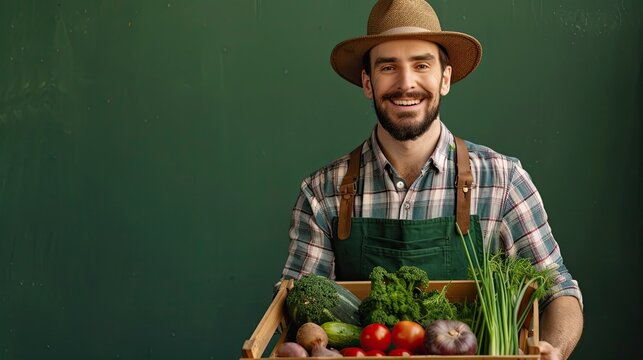 Young man gardener in apron and hat holding a wicker basket full of vegetables looking at front smiling with a happy fac,e standing over green wall.