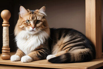 Portrait of a siberian cat with green eyes lying on the floor at home. Fluffy purebred straight-eared long hair kitty. Copy space, close up, background. generated by Ai.