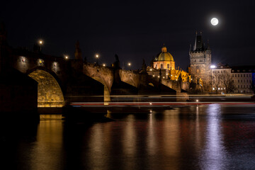 View of Charles Bridge at Night with Full Moon