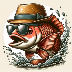 A fish wearing a hat and sunglasses splashing out of the water