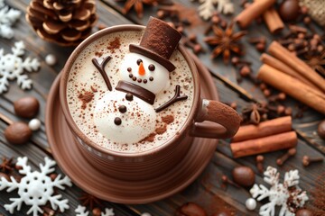 Cappuccino with a snowman and cinnamon on a wooden background
