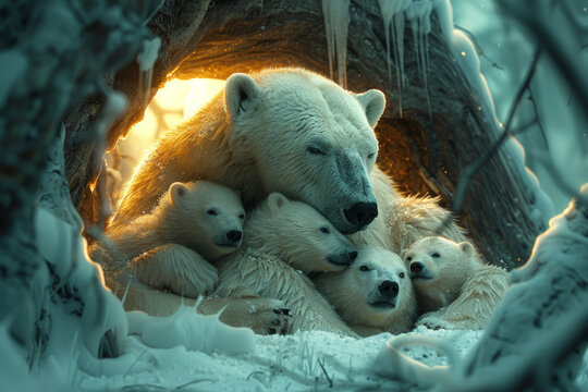 A mother polar bear nurturing her cubs in a snowy den, cuddled together for warmth and safety amidst the icy wilderness of the Arctic. Concept of family and maternal care. Generative Ai.