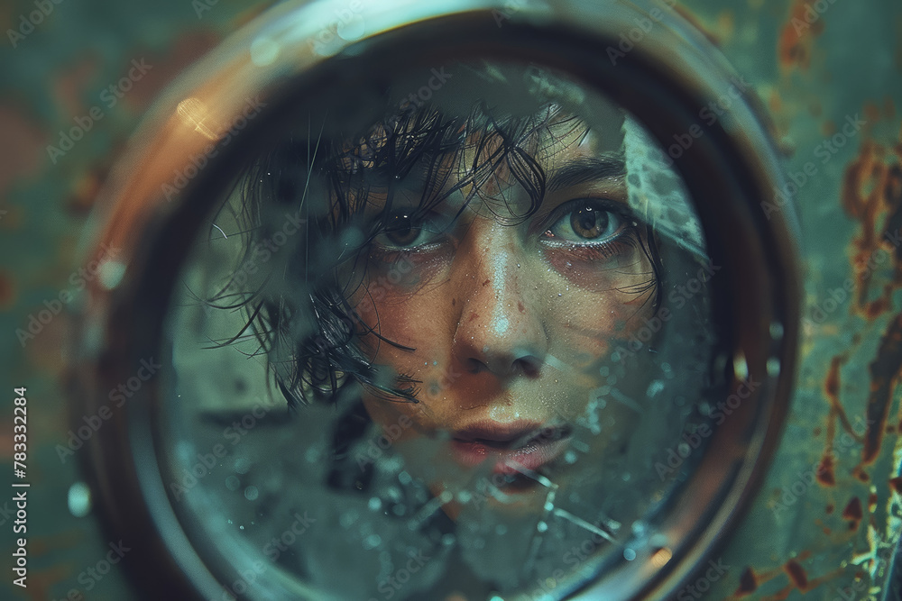 Poster a mirror reflecting the image of a person gazing into it, revealing inner truths and prompting self-