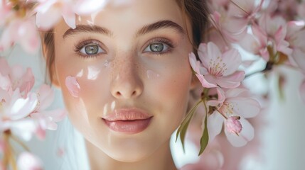 Beautiful young woman with a cherry blossom branch. Model with clean fresh skin, close up portrait. Cosmetology, facial skin care, beauty and spa