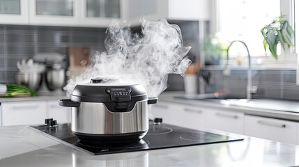 instant pot in action, releasing steam in our chic white kitchen