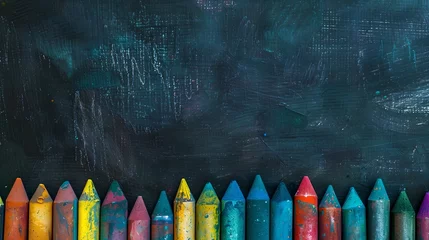 Fotobehang Colorful wax crayons lined up against a blackboard background. Creativity and education concept. Perfect for school and art projects. AI © Irina Ukrainets
