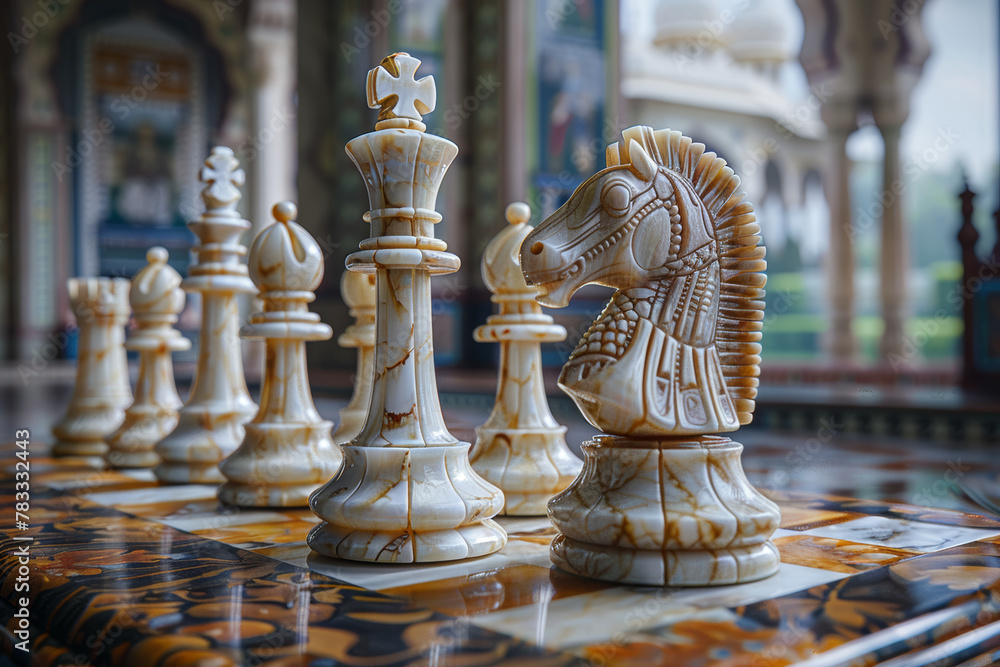 Poster a chessboard with intricately carved pieces, depicting the complexities and strategies of life's cha