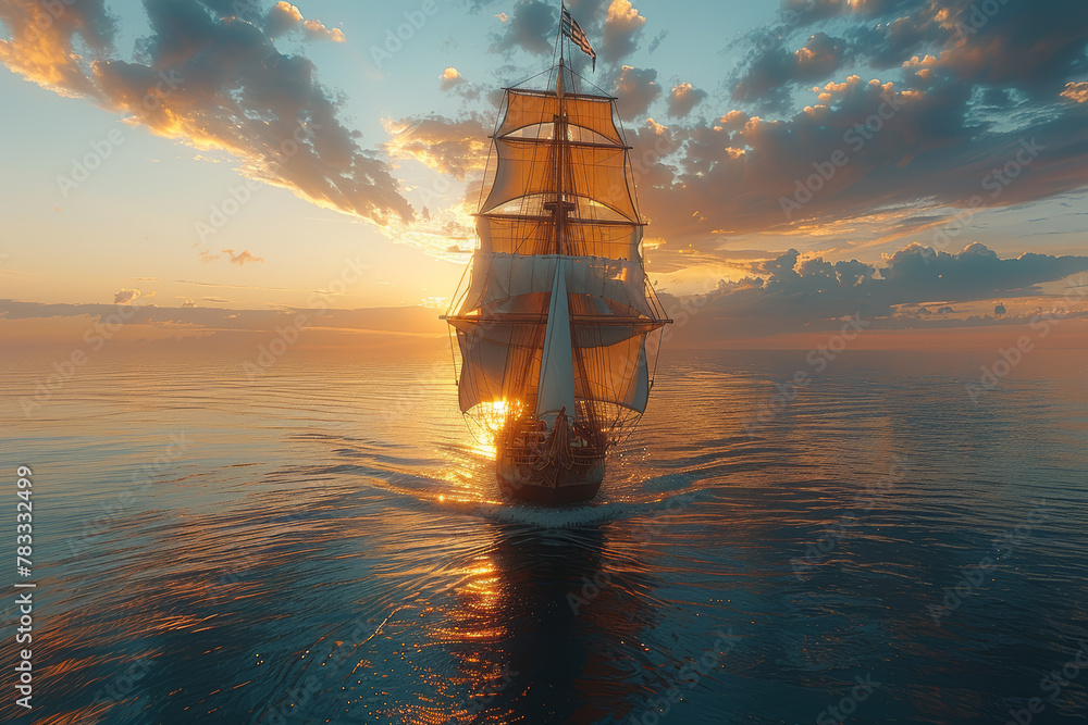 Poster a ship sailing towards the horizon, symbolizing adventure and exploration as it embarks on a journey