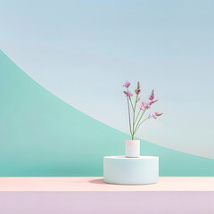 White aesthetic vase with little lavender flowers on pastel blue background, concept of minimalism. 