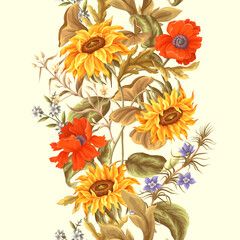 Border with sunflowers, poppies and other wild flowers. Vector.