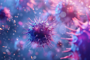 Artistic image of a virus resembling a purple flower in a cell. Generative AI