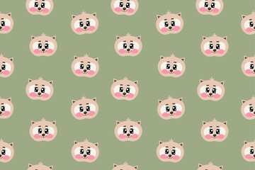 Fototapeta premium Seamless pattern with cute kawaii cat, kitty, kitten face or head for nursery, print or textile for kids on green background