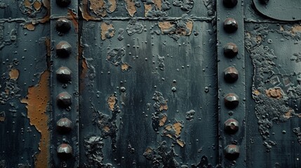 A close up of a metal door with rivets and rust, AI