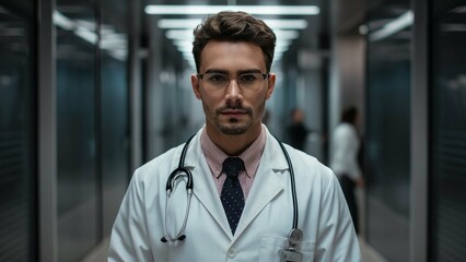 A male doctor in a white coat with a stethoscope around his neck. Generative AI.