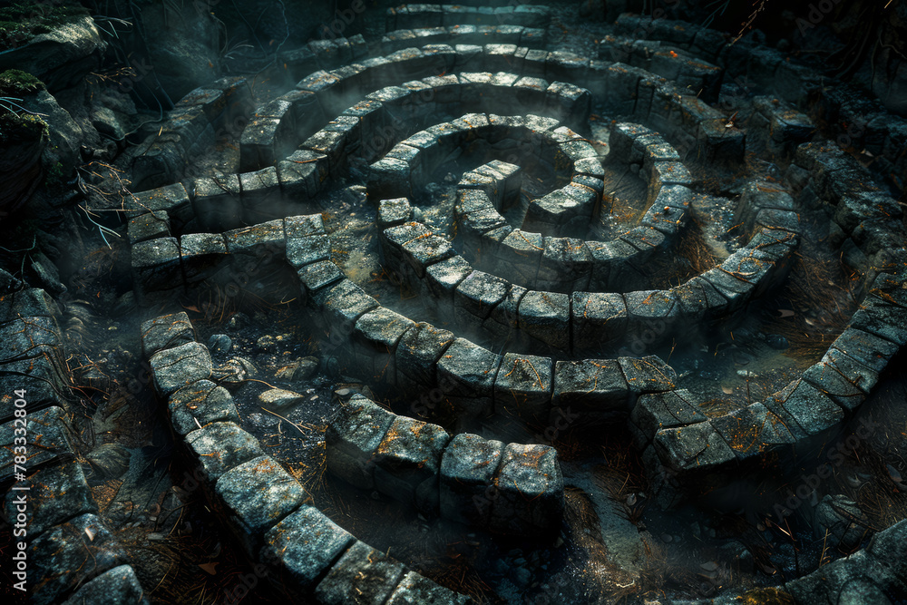 Poster a labyrinth with twisting pathways and hidden passages, challenging the courage and resilience of th