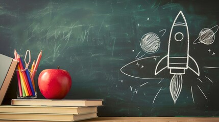 Creative Education Concept with Drawn Rocket on Blackboard, Stacked Books and Apple, Classroom Supplies. Imagination and Learning Theme. AI