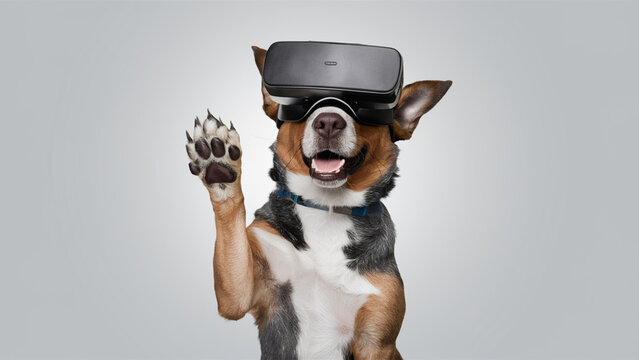 Dog with raised paw in virtual reality glasses. Abstract photo.