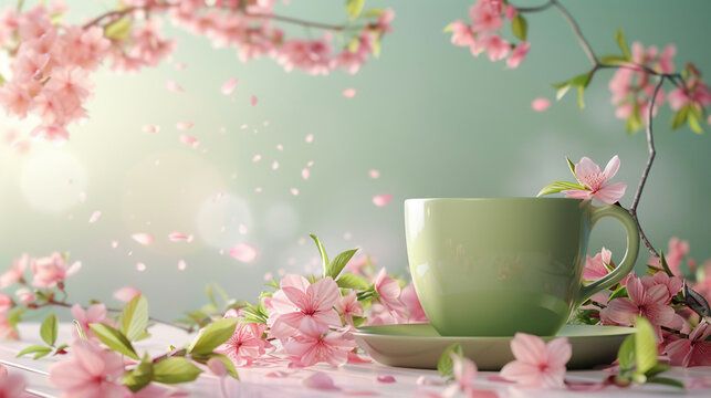 Dynamic 3D vector design of a cup of green tea, tranquil spring garden view, cherry blossoms,