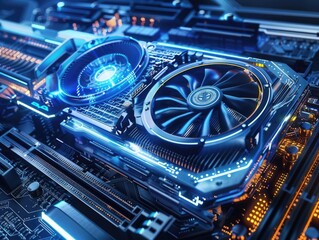 Futuristic video card with cooling fans. Computer background or screensaver. AI generative.