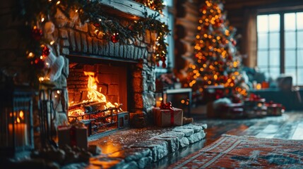 A cozy fireplace is lit with a fire, surrounded by presents and a Christmas tree.