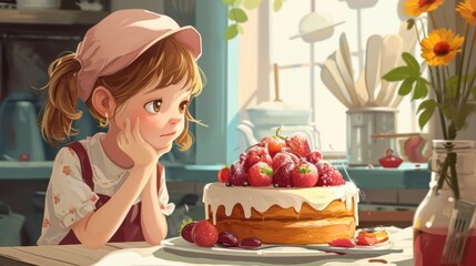A girl in a pink hat and apron sitting in front of a large strawberry cake. She looks sad and lonely. The room is filled with a variety of kitchen utensils such as bowls, spoons and knives.