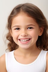 Pretty Young Girl Smiling to Camera Showing White Teeth Close-up Portrait on a Plane Background