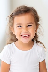 Pretty Young Girl Smiling to Camera Showing White Teeth Close-up Portrait on a Plane Background