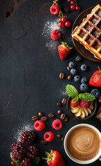 professional menu design, dark coffee bar with a photo of the vertically arranged one below the other on the left side of the picture in a delightful array of Belgian waffles. Black background, black