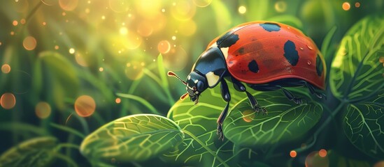 Ladybug perched on a green leaf covered in numerous water droplets, creating a beautiful natural scene