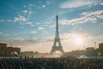 Large crowd gathered at sunset with French flags by the Eiffel Tower during a public event - obrazy, fototapety, plakaty