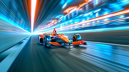 Futuristic Racing Car Speeding on a Blur Motion Track. Concept of High-Speed Competition. Vibrant Colors and Dynamic Movement. AI