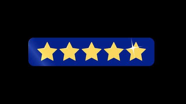 5 star top rating - Flat design animation showing customer satisfaction and high quality great review with five yellow golden stars on blue sign. Animated vector transparent alpha channel background