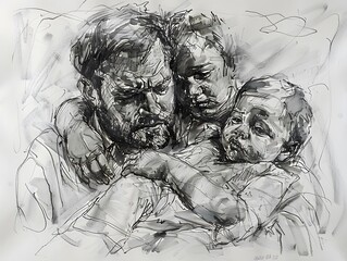 A drowned linear sketch father and children, fathers day concept