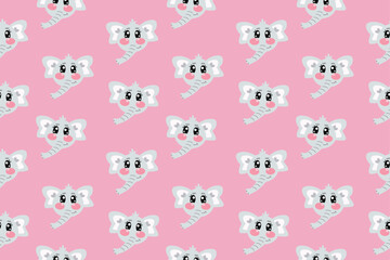 Fototapeta premium Seamless pattern with vector kawaii little cute elephant face or head for kids, baby, children nursery, fabrics on pink background