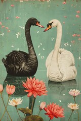 Illustration of black and white swans among flowers in retro style