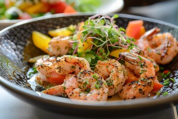 A close up of a sumptuous plate featuring succulent shrimp, expertly prepared and beautifully presented.