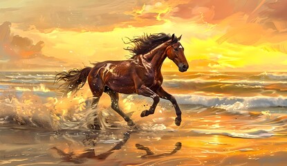 Majestic Horse Galloping on the Beach at Sunset. Capturing the Essence of Freedom and Power in Nature's Beauty. Perfect for Wall Art and Animal Lovers. AI - obrazy, fototapety, plakaty