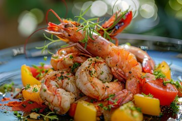 A blue plate is elegantly adorned with succulent shrimp and a variety of vibrant, freshly grilled vegetables.