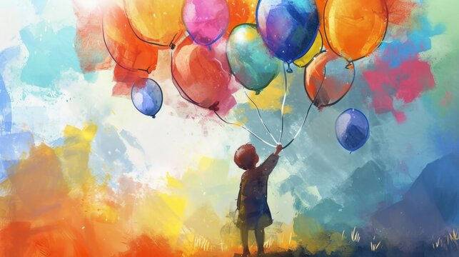 Watercolor of a child holding several balloons. Balloons come in different sizes and bright colors such as red, orange, yellow and blue. The background is the sky with clouds.