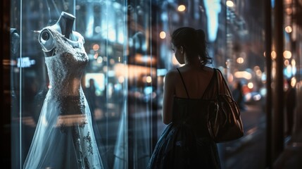 A woman in a black dress looks at a wedding dress on a mannequin through the window. The dress is white and transparent. A woman carries a brown handbag.