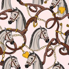 Seamless pattern with horse head and belts. Vector.
