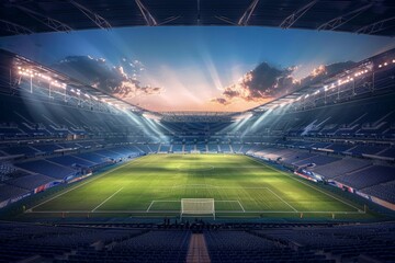 Sunlight filters through dramatic clouds, casting a warm and ethereal glow over a bustling soccer stadium.