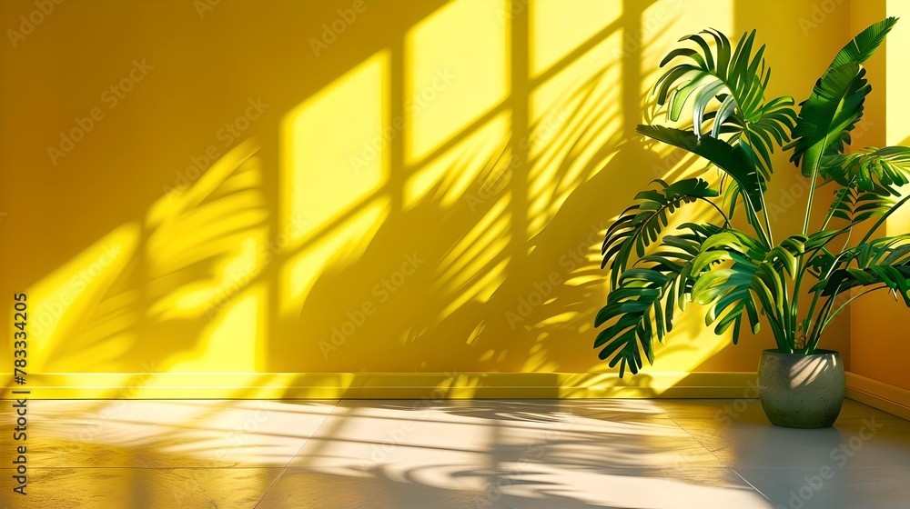 Poster Warm Sunshine Casting Shadows through a Window, a Potted Plant in a Cozy Room. A Serene Scene, Ideal for Zen and Decor Themes. AI