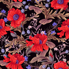 Seamless pattern with poppies and other wild flowers. Vector.