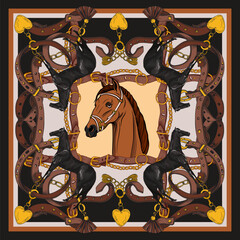 Design scarf with horse head and belts. Vector.