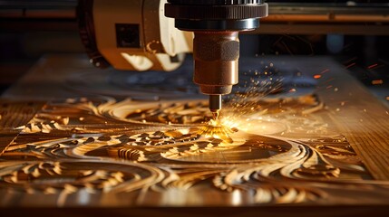Close-up of a CNC machine carving intricate patterns in wood. Precision woodworking, modern technology meets artistry. Ideal for technical and craft backgrounds. AI