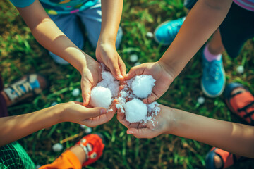 Fototapeta premium Children holding hail, happy in nature, green grass backdrop. Generative AI