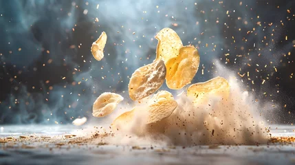 Foto op Plexiglas Potato kettle chip, colliding and exploding, crashing flying © Valentin